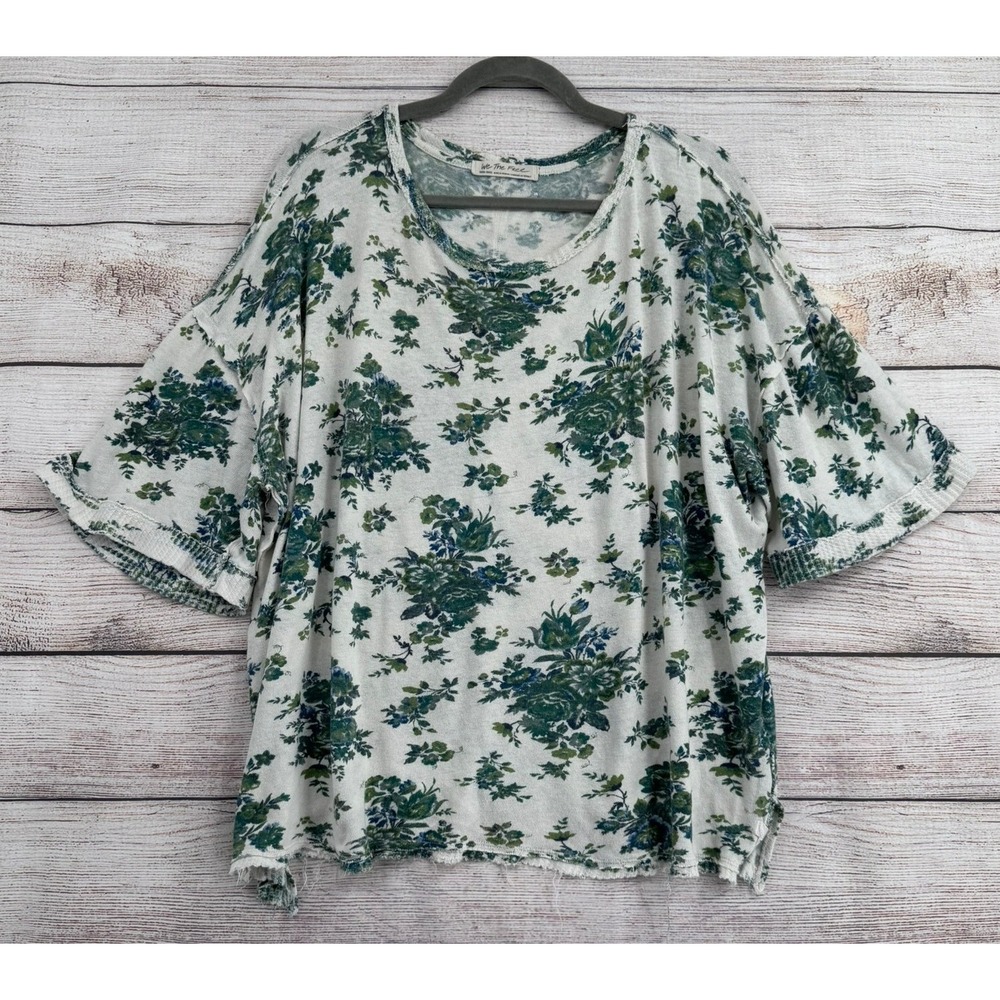 Free People We The Free Top Women Extra Small White Green Floral Oversized Tee